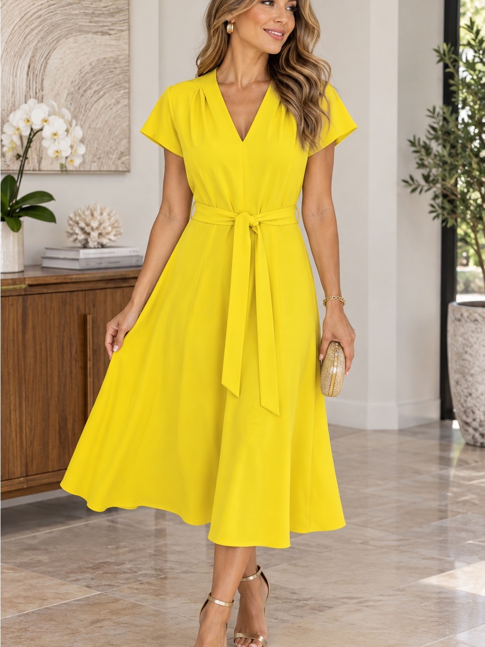 Sharagano Bright Yellow V-Neck Tie-Waist Midi Dress